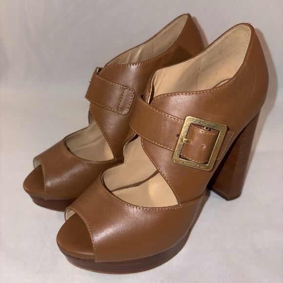 Michael Kors Eleni Block Heels Platform Peep Toe Brown Leather Women’s Size 6M - Picture 1 of 8